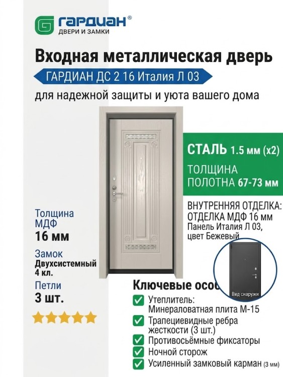 Входная металлическая дверь ДС 2 16 Италия Л 03